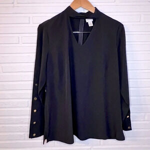 Chico’s Black Choker Neck Gold Faux Button Long Sleeve Blouse, Women’s Size 12